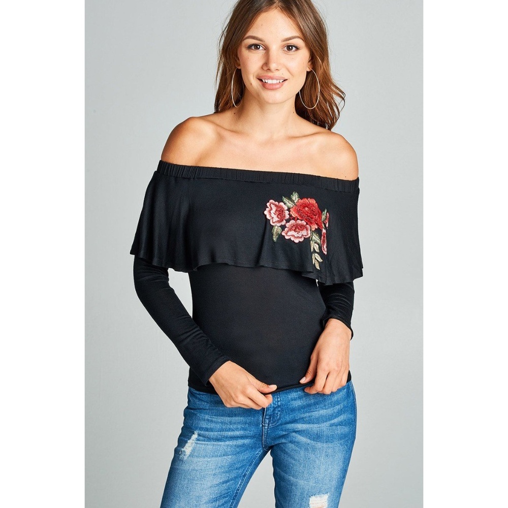 Online Exclusive! Black Off Rose-Embroidered Top